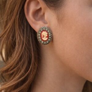 Elegant Gold and Red Cameo Earrings